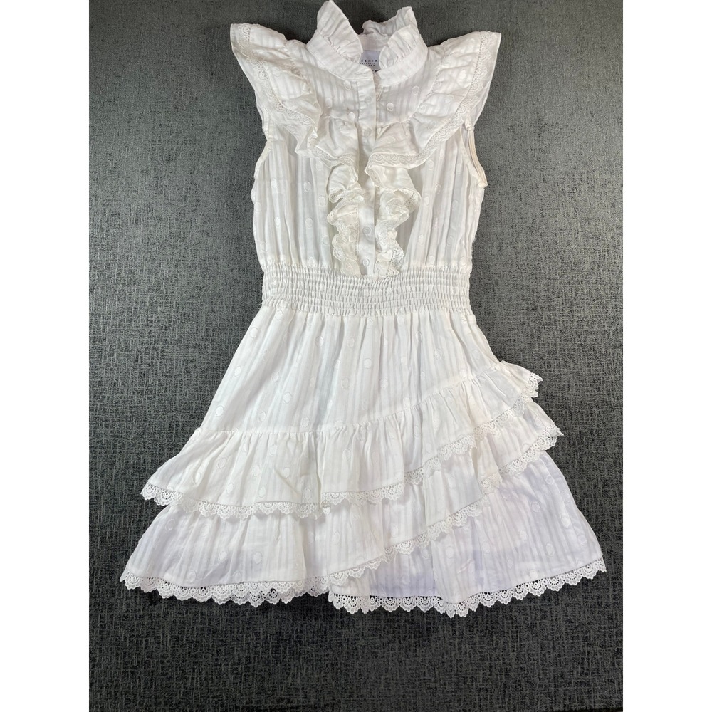 The Shirt Rochelle Behrens White Swiss Dot Ruffle Smocked Mini Dress Womens XS